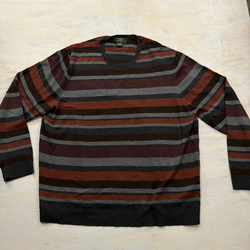 Eddie Bauer Sweater Cotton Cashmere XXL Striped Crewneck Long Sleeve Grey Rust